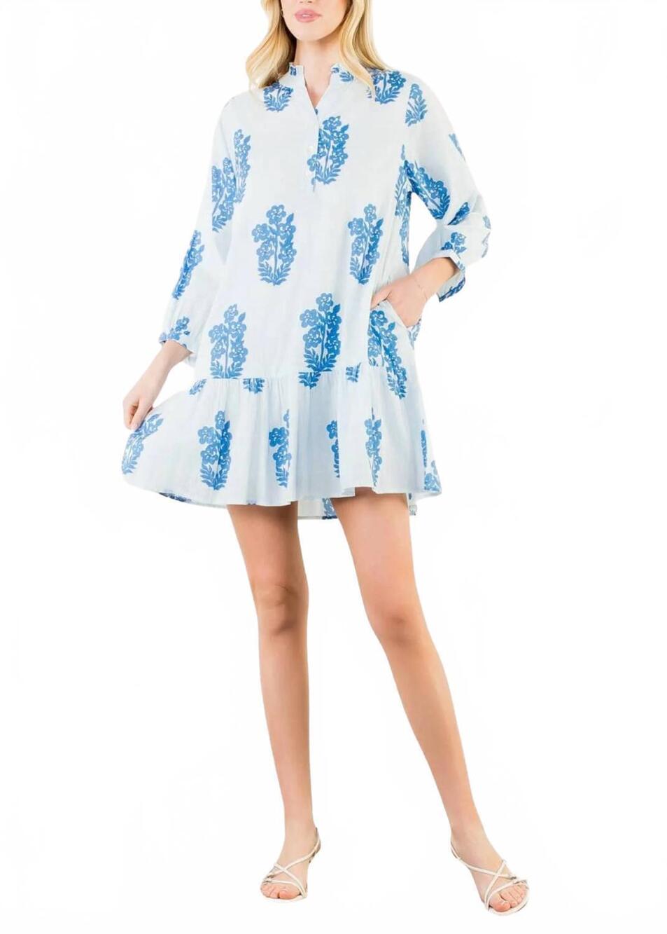 NEW THML blockprint cotton tiered dress in blue floral